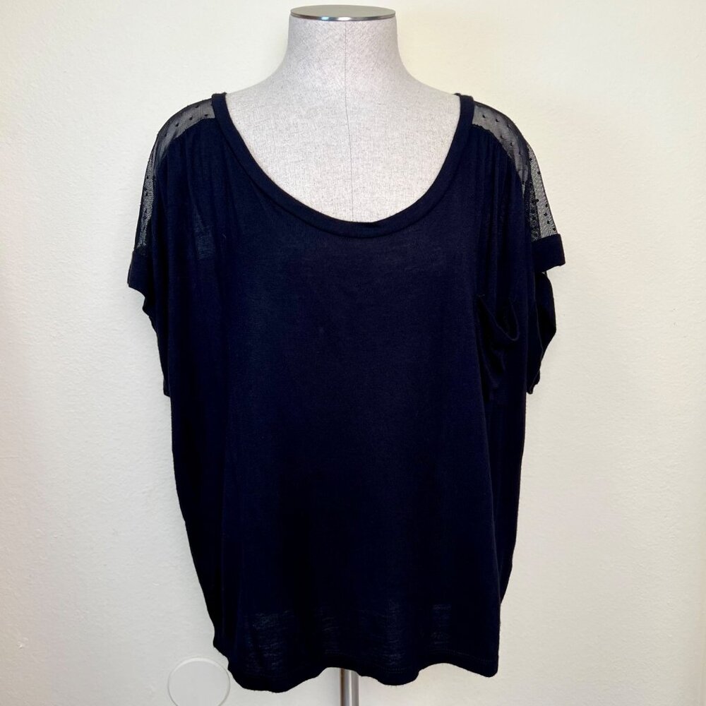 SOPRANO Black Sheer Polka Dot Mesh Panel Short Sleeve Top Size Large